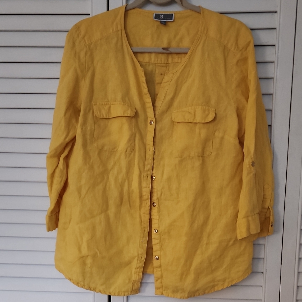 JM Collection Yellow 100% Linen Button Down Top